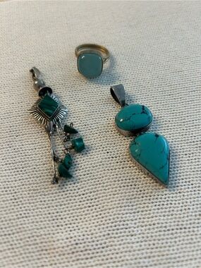 Turquoise Stone Silver Pendant Set - Teardrop & Dangle Styles and blue ring